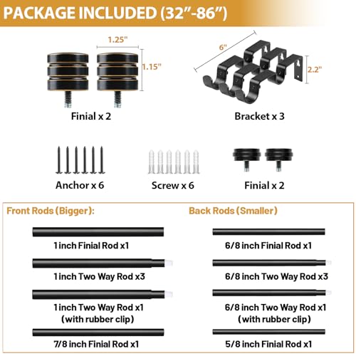 TONIAL 1 Inch Double Curtain Rods for Windows 48 to 84 Inch, Black - color: Black, size: 32-86”