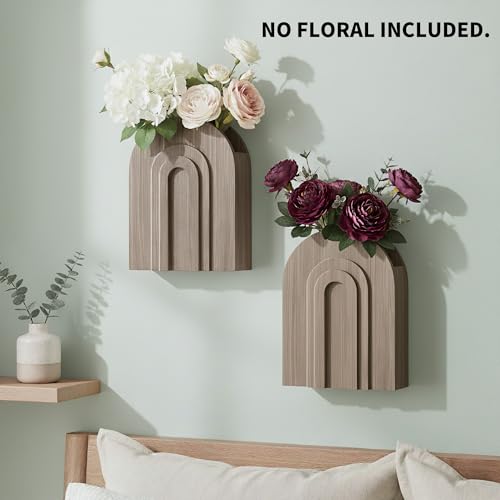 2 Pack Natural Wooden Wall Vase Set for Pampas Grass and Dried Flowers - color: Natural-natural