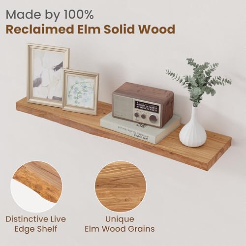 Floating Shelves for Wall, Solid Elm Wood Shelves, 32in Set of 2, Natural - color: Natural, size: Live Edge, 32inch, 2Packs