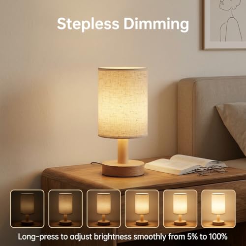 Small Cordless Rechargeable Table Lamp, Touch Control Dimmable 2700K Warm Light, Natural Wood Base Linen Shade for Bedroom Dorm Nightstand