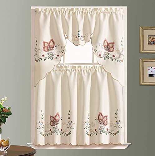 GOHD Dancing Butterfly 3pcs Embroidery Cafe Curtains with cutworks,Burgundy - color: Burgundy