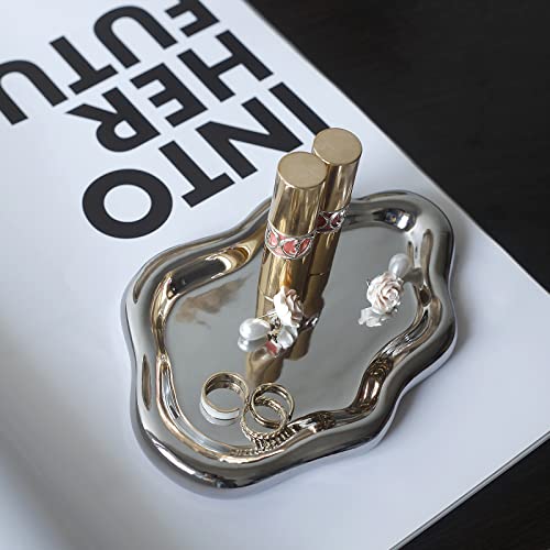 Jewelry Dish Trinket Tray for Women, Ring Dish Holder, Unique Cloud Shape Ceramic Plate Cute Things Vanity Aesthetic Room Decor Mother's Day Birthday (Silver) - color: Silver