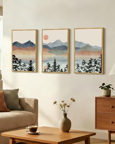 Drsoum Mountain Range Landscape Wall Art Framed Ink Wash Watercolor Nature Wall Decor Laker Sun Rises Prints Bedroom Living Room Ready to Hang 16x24in Natural Framed - color: Laker and Mountain, size: 24L" x 16W", Natural Framed