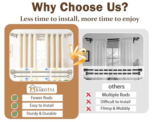 KAMANINA Double Curtain Rod 36 to 72 Inch, Adjustable Rods, Champagne Gold - color: Champagne Gold, size: 36-72"