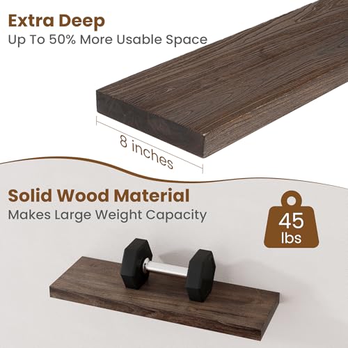 Floating Shelves for Wall, 8" Deep Elm Wood Shelves, 24in Set of 2, Walnut - color: Walnut, size: Flat Edge, 24inch, 2Packs