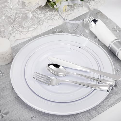 WELLIFE 210 Piece Silver Plastic Dinnerware Set for 30 Guests, Include: 30 Dinner Plates, 30 Dessert Plates, 30 Pre Rolled Napkins with Silverware and 30 Silver Cups - color: Silver, style: 210PCS(30 Guests)