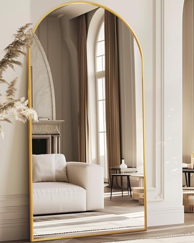 Antok 76" x 34" Arched Full Length Floor Mirror, Aluminum Frame, Gold - color: Gold, size: 76"L x 34"W