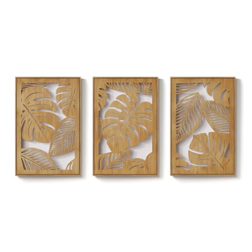 Large Framed Boho Cutout Carved Wood Wall Art for Living Room, 24x36 Inch - color: Natural Color