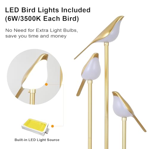 Gold Floor Lamps for Living Room, Modern Floor Lamp with Shelves, Mid Century Standing Lamp with 3 Adjustable LED Bird Lights, Corner Tall Lamp with Table, Brass Stand up Lamp for Bedroom Kids Room - color: Gold