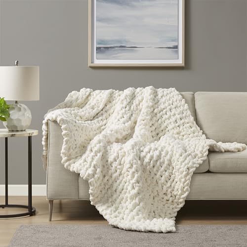 Madison Park Chenille Chunky Knit All Season Throw Blanket, 50 x 60, Ivory - color: Ivory
