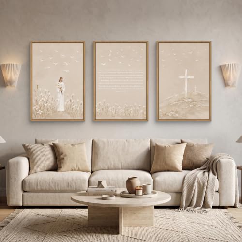 Christian Jesus Bible Verse Framed Canvas Wall Art Set-16"x24"x3 - color: Neutral Jesus Bible Verse Wall Art, size: 16"L x 24"W