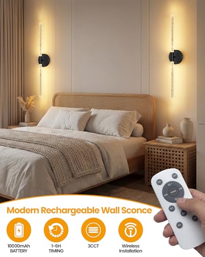 NIORSUN Crystal-Inspired Bubble Battery Operated Wall Sconce Set of 2, 10000mAh 3 Color Temps Rechargeable Wall Lights with Remote, Dimmable Wireless Wall Lamp for Living Room Bedroom - color: Black, size: 27.6 Inch