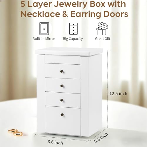 Meangood Jewelry Box Jewelry Organizer, 5-Layer Wooden Jewelry Organizers and Storage Boxes for Women Girls, Ring Earring Bracelet Necklace Holder Organizer with Mirror & Drawers (White) - color: White, size: 3-Drawer