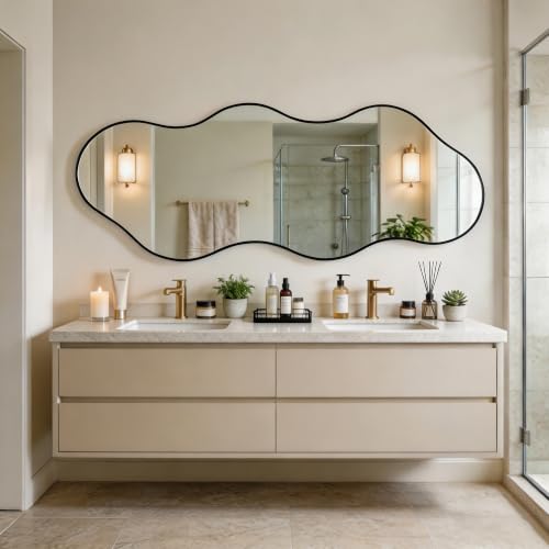 65.7"x24" Irregular Full Length Mirror, Abstract Wall Mirror - color: Black Wavy