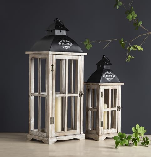 Set of 2 Large Decorative Wooden Metal Lanterns, Farmhouse Rustic Floor Candle Lanterns, Indoor/Outdoor Hanging Lanterns for Home Decor (No Glass) - color: Graywash