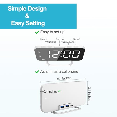 Slim LED Digital Alarm Clock, Mirror Surface for Makeup, with Diming, Large Display, Easy Setting, USB Charger Ports, Modern Bedroom, Desk, Office Living Room Decor, Christmas Birthday for Women Girl - color: White