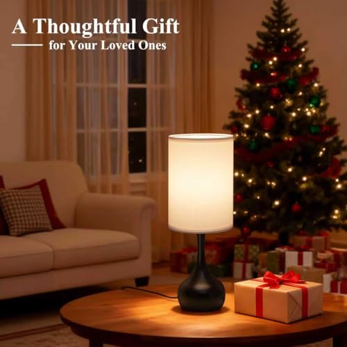 ONEWISH Touch Bedside Lamp for Bedroom, 3-Way Dimmable Table Lamps for Nightstand, White Fabric Shade Desk Lamp for Kids Reading, Living Room, Home Office - color: White Linen Drum Shade & Black Base