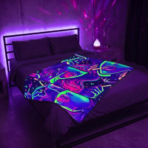 Blacklight Trippy Smoking Throw Blankets Glow in the Dark Under Black Light Hippie Hippy Throw UV Reactive Weed Blanket Throw for Bedroom Dorm Decor 59”x51” - color: Hippie Cool Girl