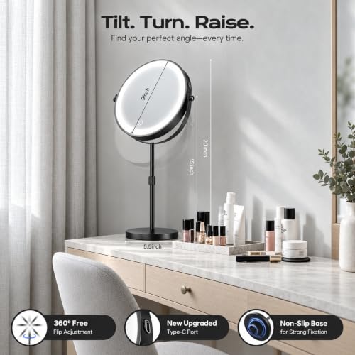 Lighted Makeup Mirror, 1X/20X Double-Sided Magnifying Vanity Mirror - color: Black