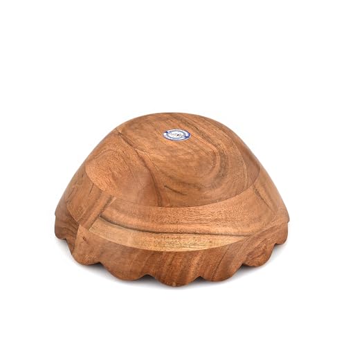 Salad Bowl Acacia Wood Elegant Scalloped Bowl Handcrafted for Salads, Fruits, – Stylish Wooden Kitchen & Tabletop Accessory (9" x 9" x 4")