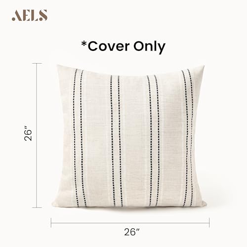 AELS 26x26 Decorative Farmhouse Linen Throw Pillow Covers, Boho Textured Pillow Case, Set of 2, Beige with White & Black Stitch Yarn Dyed Stripe Cushion Cover for Sofa Couch Living Room (Cover ONLY) - color: Beige With White & Black, size: 26" x 26" (Pack