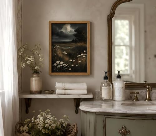Framed Dark Moody Wildflower Wetland Landscape Wall Art,Vintage Cloudy Nature Painting Picture Wall Decor,Dark Gothic Countryside Scenery Poster Print Artwork,for Bedroom Living Room Home Decoration - color: Dark and Moody, size: 16"L x 12"W