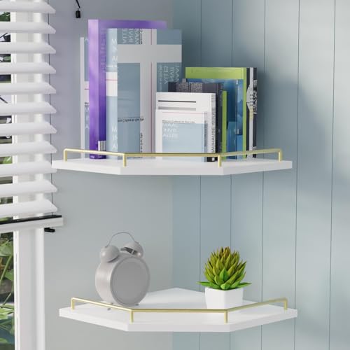Tirzah White Wall Mount Corner Shelf with Gold Metal Guardrail, 2-Tier 9.5-inch Diamond-Shaped Wood Corner Floating Shelves for Home Decor Kitchen Organizer - color: White