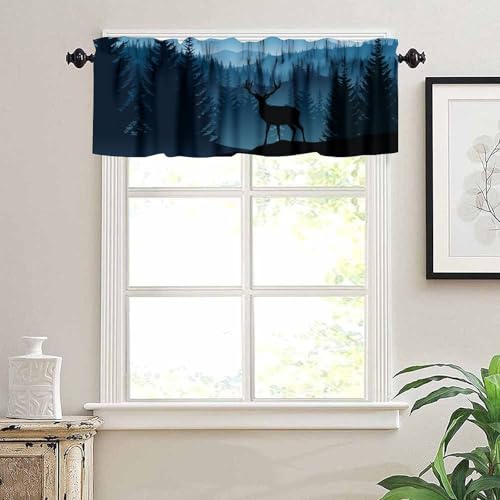 Misty Mountain Deer Valance Curtain, Rustic Retro Blue Foggy Forest Landscape Nature Woodland Wild Animal Deer Print Blackout Window Drape for Kitchen Bedroom, 54x18inch - color: Camo-10