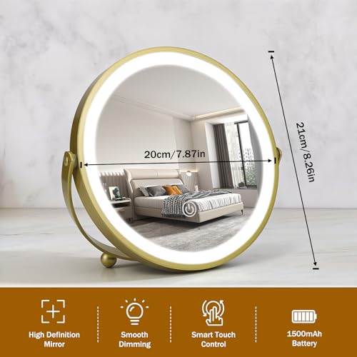 Vanity Mirror with Lights, 8" LED Makeup Mirror Built-in 1500mAH Lithium Battery, HD Professional Mirror, Smart Touch with 3-Color Lighting, Dimmable, Lighted Up for Makeup Desk, Travel (Gold) - color: Gold, size: 8"L x 8"W