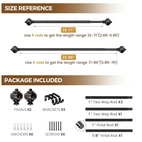 KAMANINA 1 Inch Curtain Rods for Windows 48 to 84 Inch, Black Drapery Rods - color: Black, size: 48-84"
