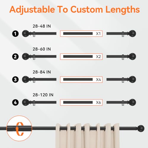 Black Curtain Rods for Windows 28 to 48 Inch, 5/8" Diameter Heavy Duty Metal Adjustable Small Curtain Rod With Bracket - color: Black, size: 28-48"(1 Pack)