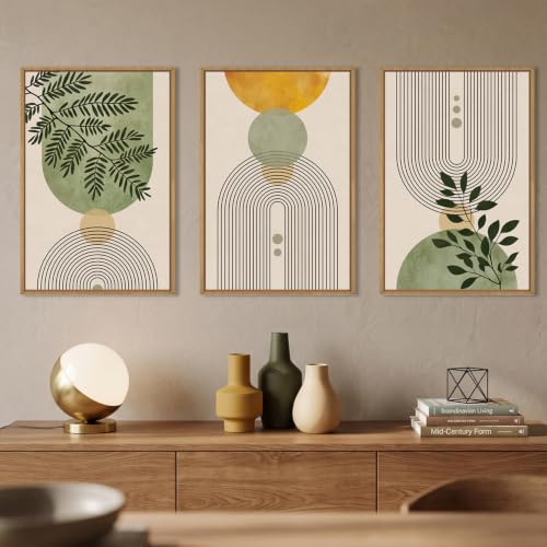 Aurlan Large Boho Sage Green Framed Canvas Wall Art Set-24"x36"x3 - color: Boho Green Arch Wall Art, size: 24"L x 36"W