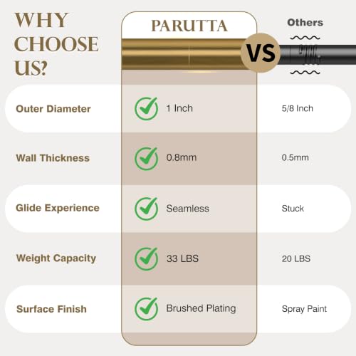 Brushed Brass Curtain Rods 32 to 152 Inch for Windows, 1 Inch Heavy Duty Adjustable Curtain Rod with Modern Solid Metal Finials, Antique Warm Gold Extra Long Drapery Rod for Living Room & Bedroom - size: 32"-152"