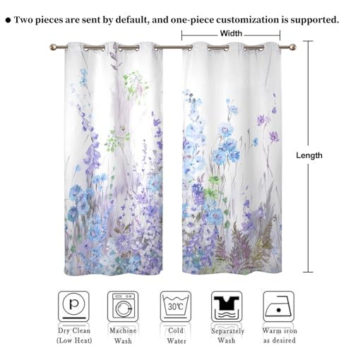 Watercolor Purple Blue Wildflower Window Curtains 2 Panels 45" L x 29" W - color: Light Purple, size: 29"W x 45"L (Pack of 2)