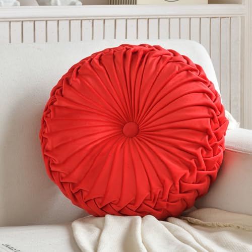 Teieas Round Throw Pillow Velvet Home Decoration Pleated Round Pillow - color: Red