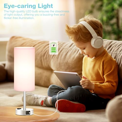 Fenmzee Pink Bedside Lamp for Bedroom, Dimmable Touch, USB A+C, AC Outlet - color: Pink - Silver, size: 14"