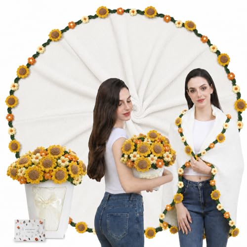Sunflower & Puff Crochet Flower Bouquet Blanket, Knitted Throw Blanket - color: Sunflower & Puff, size: Large