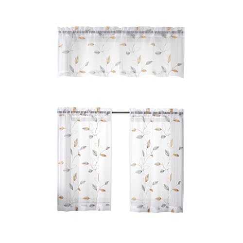 Regal Home Collections Kitchen Tiers & Window Valance Curtains Set - 54x36 Rod Pocket Cafe Tier, Curtain Valances for Windows - Light Filtering Fabric, Leaves White/Gold - color: Cedar/Gold