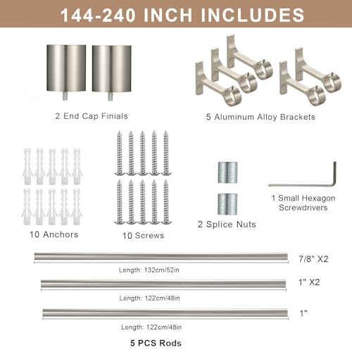 Heavy Duty Curtain Rods Extra Long 144 to 240 Inch, Single Drapery Rods with Cap Finials, 1-Inch Window Treatment Curtain Rod Telescoping, Brushed Nickel - color: Brushed Nickel, size: 144-240"