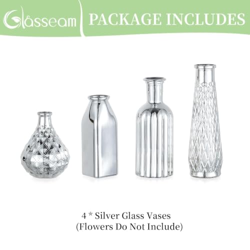 Glasseam Silver Glass Vase for Single Flower: 4 Pcs Small Decorative Vases - size: 4pcs