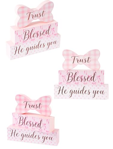 Pink Bow Wooden Tabletop Decor, Trust Blessed He Guides You Block Sign, Farmhouse Rustic Centerpiece for Table Shelf, Easter Christian Faith Home Decoration, Inspirational Gift for Women - size: Pink Bow