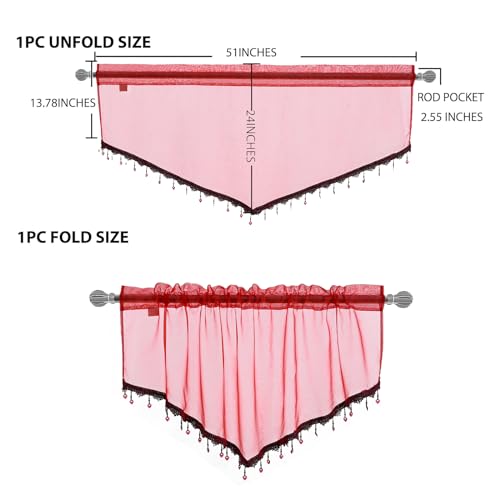 Beaded Sheer Valance Curtains for Living Room,Rod Pocket Farmhouse Window Valance, Bead Trim Tassel Voile Sheer Curtain Valance for Bedroom Bathroom Cafe 51x24 Inches (Red) 1PC - color: Red