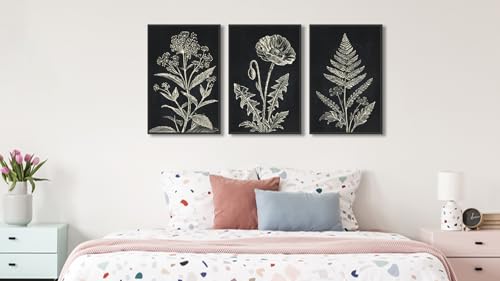 Large Framed Botanical Wall Art, Minimalist Floral Canvas Prints, 16"x24"x3 - color: black, size: 16" X 24" X 3pcs Framed