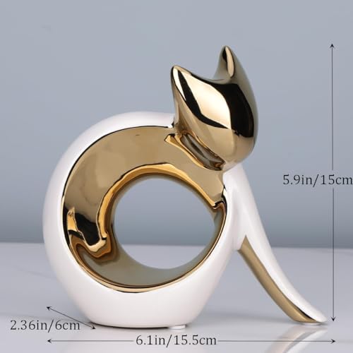 Abstract Sitting Modern Cat Sculpture for Home Decor, 5.9'' White and Gold Ceramic Minimalist Cat Figurine, Decorative Animal Statue for Table Shelf Desk Mantle Entryway, for Cats Lovers - color: Gold