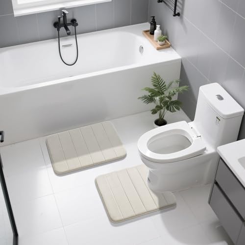 Yimobra Memory Foam Bathroom Mat Set, 24 x 17 & 24 x 20 in, Cream White - color: Cream White, size: 24x17+24x20 Inch