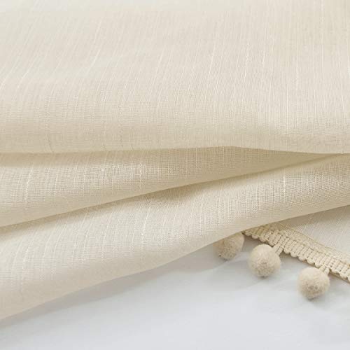 Pom Pom Linen Sheer Curtains for Living Room 63 Slub Textured Natural Beige - color: Natural, size: 52"W x 63"L (Pack of 2)