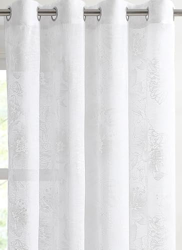 LinenZone 54x63 White Curtains with White Flower Print. (Flora 54x63 White) - color: White, size: 54"W x 63"L (Pack of 2)