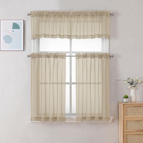 Chyhomenyc Taupe Sheer Valances for Windows - Light Filtering Small Kitchen Curtains, Rod Pocket Short Top Window Treatment Decor for Living Room Bathroom Basement, 42Wx16L inches, 2 Panels - color: Taupe, size: 42"W x 16"L (Pack of 2)