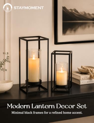 Black Lantern Decorative Indoor Outdoor, Set of 2 Candle Holder - color: Black