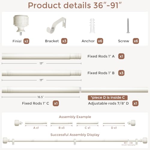 Antique White Wood Curtain Rod 36-91 Inch, Farmhouse Drapery Rods - color: Off White, size: 36"-91" (1 Pack)